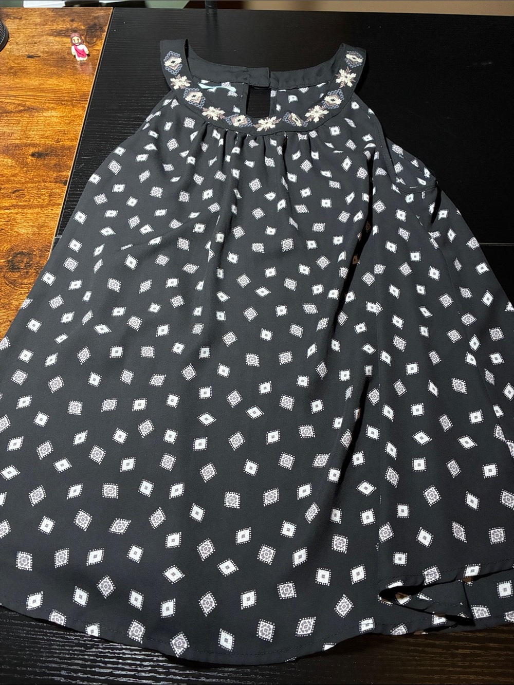 Maurices Black Sleeveless Tank with White Geometric Print and Embroidered Yoke
